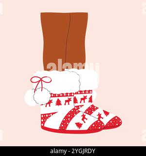 Beine in kuscheligen Weihnachtsstiefeln. Handgezeichnete Vektorgrafik. Stock Vektor
