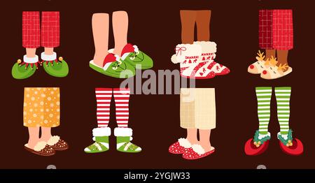 Set aus festlichen Pyjama-Beinen in Schläfern und Stiefeln. Handgezeichnete Vektorgrafik. Stock Vektor