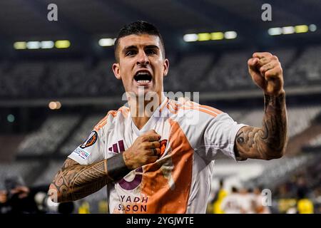 Brüssel, Belgien November 2024. BRÜSSEL, BELGIEN - 7. NOVEMBER: Gianluca Mancini von AS Roma feiert, nachdem er beim Spiel der UEFA Europa League 2024/25 League Phase MD4 zwischen R. Union Saint-Gilloise und AS Roma am 7. November 2024 im King Baudouin Stadion in Brüssel das erste Tor seiner Mannschaft erzielt hat. (Foto: Rene Nijhuis/MB Media) Credit: MB Media Solutions/Alamy Live News Stockfoto