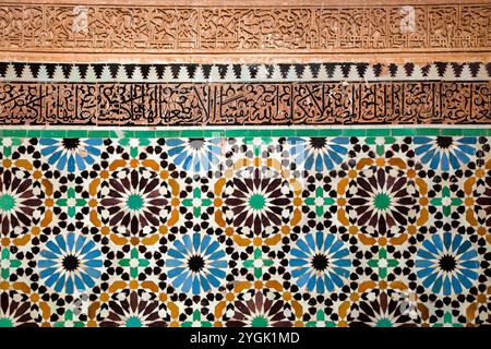 Marrakesch, Wandmosaik am Grab des alawitischen Sultans Moulay El Yazid, saadische Gräber, Grab, saadische Gräber, Architektur, Anblick, Gebäude, Mauer mosa Stockfoto