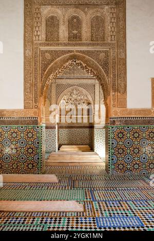 Marrakesch, Grab des alawitischen Sultans Moulay El Yazid, saadische Gräber, Grab, saadische Gräber, Architektur, Sehenswürdigkeiten, Gebäude, Wandmosaik, Stadt, Maghreb, Stockfoto