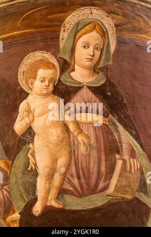 PAVIA, ITALIEN - 8. SEPTEMBER 2024: Das Fresko der Madonna in der Kirche Chiesa di Santa Maria del Carmine von Leonardo Vidolenghi da Marzano (1463). Stockfoto