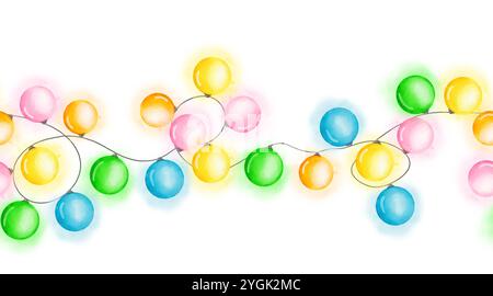 Festliche Neujahrsgirlande mit glühenden Glühbirnen an einem nahtlosen horizontalen Rand. Digitale Illustration mit Aquarell. Weihnachtsgirlande isoliert auf A Stockfoto