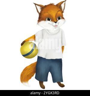 Ein Fuchsjunges in einem weißen Hemd und einer blauen Hose. Ein Comicfuchs hält einen hellgelben Ball. Aquarellabbildung. Ein süßes Tier für eine Osterkarte, Stockfoto