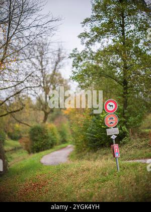 Herbst entlang der alten Glatt-Gänge, Weg, Verbotsschilder Stockfoto