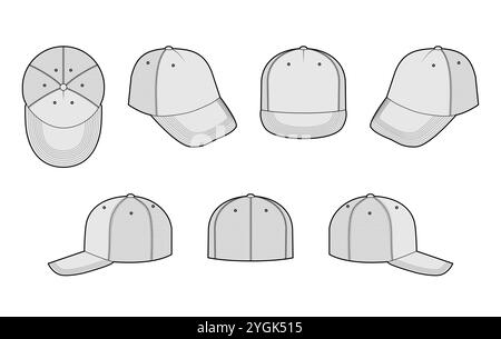 Set Trucker Baseball Cap Cap mit Mesh. Sommer Kopf Mode Accessoire Kleidung technische Illustration. Vektor-Kopfbedeckung für Männer, Frauen, Unisex-Stil, flache Vorlage CAD-Modell Skizze Umriss isoliert Stock Vektor