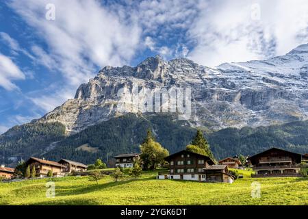 Blick vom Grindelwald auf die Nordwand des Eiger in der Schweiz Stockfoto