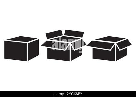 Feld-Symbol. Offene und geschlossene Kästen. Verpackungssymbolsatz. Vektorabbildung. Stock Vektor