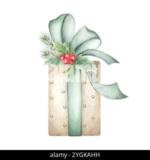 Weihnachtsgeschenk-Box beige in Polka Dots-Farben, mit grüner Schleife und Band, dekoriert mit Zweigen von stechpalmen und Tannen. Handgezeichnete Aquarell-isolierte Illustration für Neujahrsgrußkarten. Stockfoto