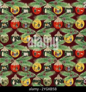 Dekorative Weihnachtskugeln mit Krippe, nahtloses Muster mit Tannenzweig auf burgunderrotem Hintergrund. Illustration für Textil, Verpackung Stockfoto