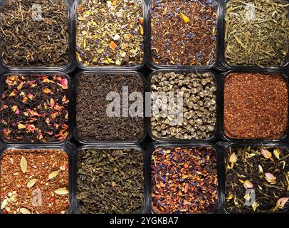 Eine lebhafte Auswahl an Tees mit losen Blättern in Glasgläsern mit grünen, schwarzen, Oolong- und Kräutermischungen. Reich an Farbe und Aroma. Stockfoto