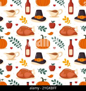 Nahtlose Mustervorlage für festliche Thanksgiving Day mit lebendigen, flachen Cartoonelementen für saisonale Designs und Weihnachtsdekorationen Stock Vektor