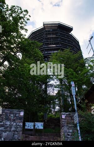 Mettlach, Deutschland - 27. Juni 2021: Saarschleifenturm von einem Wanderweg unten an einem Frühlingsabend in Deutschland. Stockfoto