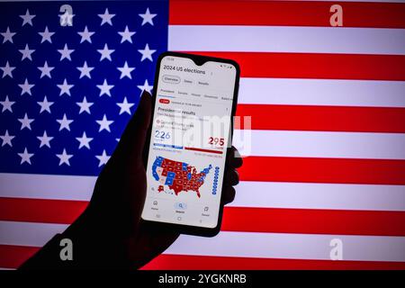 Ein Mann hält ein Smartphone, das die Ergebnisse der Wahlen in den Vereinigten Staaten von 2024 anzeigt. Der Kandidat der Republica Donald Trump gewann die Wahlen. Stockfoto