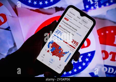 Ein Mann hält ein Smartphone, das die Ergebnisse der Wahlen in den Vereinigten Staaten von 2024 anzeigt. Der Kandidat der Republica Donald Trump gewann die Wahlen. Stockfoto