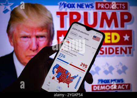 Ein Mann hält ein Smartphone, das die Ergebnisse der Wahlen in den Vereinigten Staaten von 2024 anzeigt. Der Kandidat der Republica Donald Trump gewann die Wahlen. Stockfoto