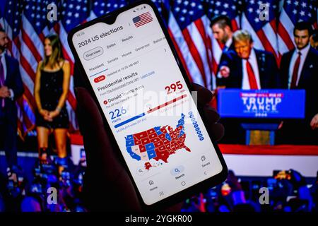 Ein Mann hält ein Smartphone, das die Ergebnisse der Wahlen in den Vereinigten Staaten von 2024 anzeigt. Der Kandidat der Republica Donald Trump gewann die Wahlen. Stockfoto