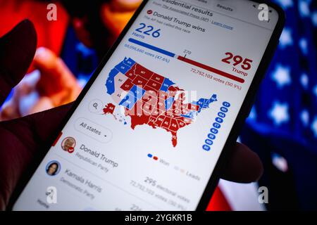 Ein Mann hält ein Smartphone, das die Ergebnisse der Wahlen in den Vereinigten Staaten von 2024 anzeigt. Der Kandidat der Republica Donald Trump gewann die Wahlen. Stockfoto