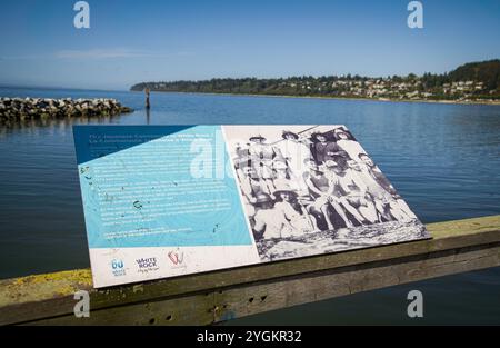 Nahaufnahme eines Hinweistafels am Pier der Stadt, das die Geschichte der japanischen Gemeinschaft in der Gegend erklärt. Stockfoto