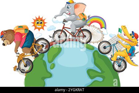 Tiere, die mit Freude auf einem Globus Fahrrad fahren Stock Vektor