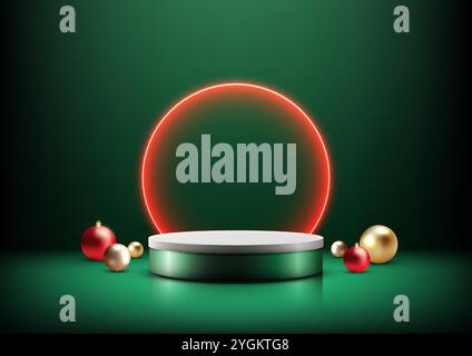 3D-Weihnachtsszene mit grünem und weißem 3D-Podium, umgeben von Ornamenten und einem leuchtend roten Neonkreis. Festliche Produktpräsentationen, Mockups und Stock Vektor