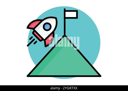 Missionssymbol. Symbolstil für farbige Umrisse. Rakete mit Berg und Flagge. Symbol für Motivation. Vektorillustration für Erfolgselemente Stock Vektor