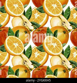 Nahtloses Muster mit Früchten. Orangen und Äpfel mit Blättern. Ohne Hintergrund. Die Früchte sind orange, rot und gelb. Aquarellabbildung Stockfoto
