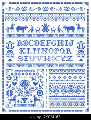 Retro ross Stich Vektor nahtlose Muster Kollektion mit Alphabet, Blumen und Tieren - pixeliges Ornament inspiriert von deutscher und österreichischer Volkskunst Stock Vektor