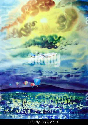 Aquarellmalerei Landschaft bunt von Flugzeug und Heißluftballons Top View Stadt am Morgen mit blauem Berg und Natur Wintersaison, Sonne, Stockfoto