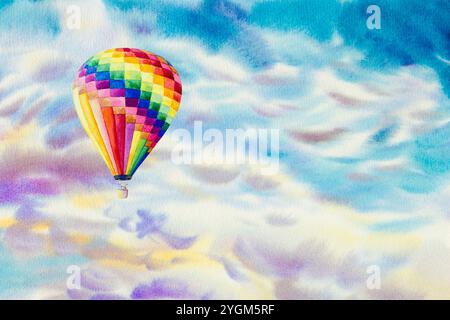 Aquarellmalereien Heißluftballons am Wolkenhimmel bunt vom Klima, Schönheit azurblau weich in der Luft und abstrakter Hintergrund. Handgemalt Beeindrucken Stockfoto