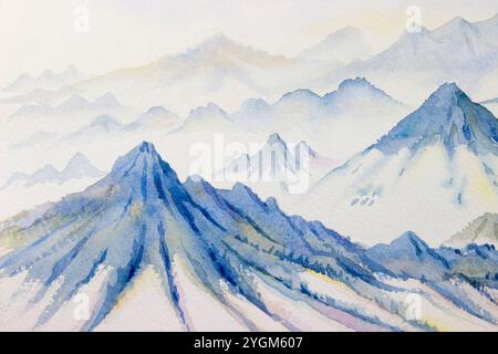 Berggipfel Everest. Der höchste Berg der Welt. Nationalpark, Nepal. Bergkette abstrakte Aquarellmalerei Illustrationslandschaft Hochschichten Stockfoto