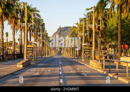 Barcelona Stadtbild mit Palmen gesäumter Straße, die zur berühmten Christoph Kolumbus Statue führt, Denkmal mit Montjuic Hügel im Hintergrund, Spanien. Stockfoto