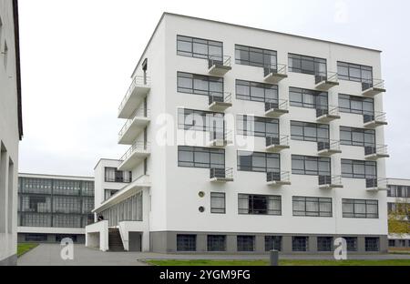 28. Oktober 2024, Sachsen-Anhalt, Dessau-Roßlau: Blick auf das historische Atelierhaus des Bauhauses Dessau. Die Wohnstudios waren einst für Studenten und junge Meister gedacht. Das Bauhaus gehört zum UNESCO-Weltkulturerbe. Foto: Waltraud Grubitzsch/dpa Stockfoto