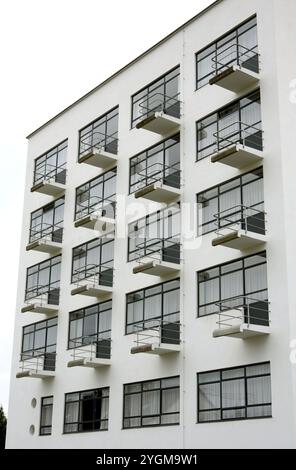 28. Oktober 2024, Sachsen-Anhalt, Dessau-Roßlau: Blick auf das historische Atelierhaus des Bauhauses Dessau. Die Wohnstudios waren einst für Studenten und junge Meister gedacht. Das Bauhaus gehört zum UNESCO-Weltkulturerbe. Foto: Waltraud Grubitzsch/dpa Stockfoto