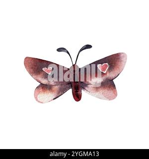 Schmetterling Aquarell abstrakt mit Herzen auf den Flügeln. Motte Hand gezeichnet isoliert auf weißem Hintergrund. Stockfoto