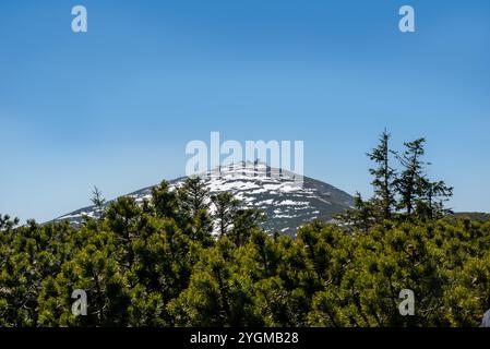 Auf dem Berg Sněžka im Karkonosze-Gebirge befindet sich ein Observatorium an der Grenze zwischen Polen und der Tschechischen Republik mit atemberaubendem Blick Stockfoto