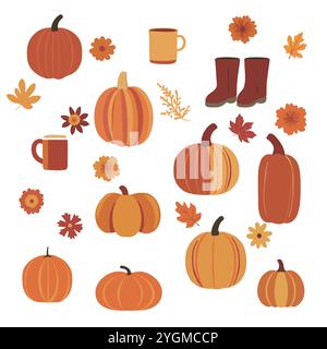 Vektor-Kollektion von handgezeichneten Kürbissen und Herbstdesign-Elementen. Orangefarbene Clip-Art für Thanksgiving- und Halloween-Herbstvorlagen. Stock Vektor