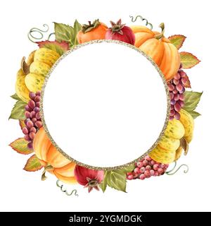 Herbstlich reifes Gemüse runder Kranzrahmen mit Kürbissen, Granatäpfeln und Trauben. Bio-Obsternte Stockfoto