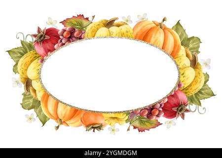 Farbenfrohe Kürbisse ernten ovale Rahmenschablone für Bio-Lebensmittel. Bauerngarten Gemüse und Obst Stockfoto