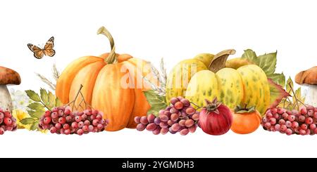 Herbst Gartenernte von Kürbissen, Pilzen, Weizen, Trauben und Heidelbeeren Aquarell isolierte nahtlose Grenze Stockfoto