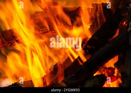 Flamme des Holzkohlefeuers. Herd zum Kochen und Heizen. Gefahr im Wald. Stockfoto