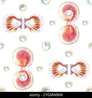 Muster von Jakobsmuscheln, Muscheln, geriffelte Muscheln mit Perlen in Aquarellfarbe. Rote Jakobsmuschel, Calico Jakobsmuschel, Argopecten Gibbus. Die Seite dieser Hülle Stockfoto
