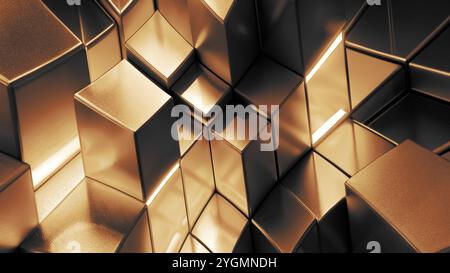 Abbildung eines dunklen Hintergrunds mit goldenen, glänzenden 3D-Würfeln und Effekten Stockfoto