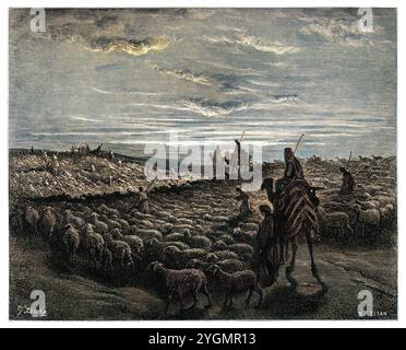 Abraham geht ins Land Kanaan. Altes Testament. Antike digital gefärbte biblische Illustration von Gustave Doré (1832-1883) Stockfoto