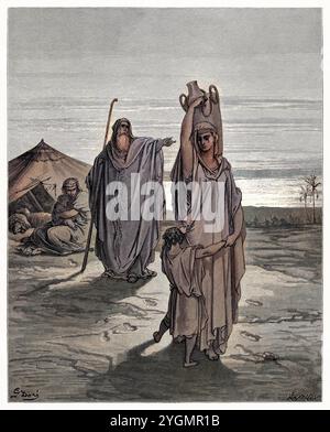 Abraham hat Hagar und Ismael entlassen. Altes Testament. Antike digital gefärbte biblische Illustration von Gustave Doré (1832-1883) Stockfoto