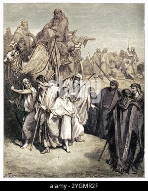 Joseph, Sohn von Jakob und Rachel, wird von seinen Brüdern in Ägypten in die Sklaverei verkauft. Altes Testament. Antike digital gefärbte biblische Illustration von Gustave Doré (1832-1883) Stockfoto