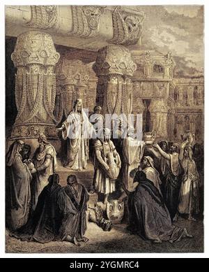 Cyrus restauriert die Vasen des Jerusalemer Tempels (Esra 1,7) Altes Testament. Antike digital gefärbte biblische Illustration von Gustave Doré (1832-1883) Stockfoto