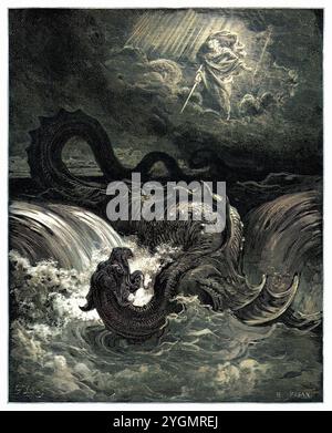 Gott zerstört den Leviathan, die Vision von Jesaja. Altes Testament. Antike digital gefärbte biblische Illustration von Gustave Doré (1832-1883) Stockfoto