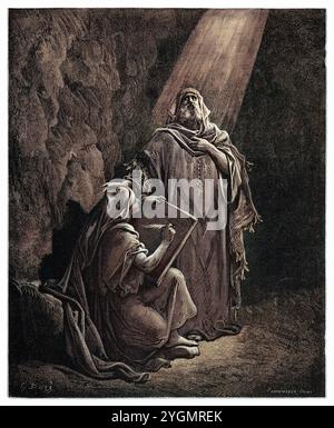 Jeremia diktiert Baruch seine Prophezeiung. Altes Testament. Antike digital gefärbte biblische Illustration von Gustave Doré (1832-1883) Stockfoto