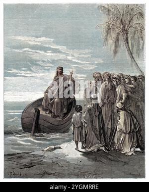 Jesus predigt auf einem Schiff am See Galiläa (Lukas 5,3) Neues Testament. Antike digital gefärbte biblische Illustration von Gustave Doré (1832-1883) Stockfoto